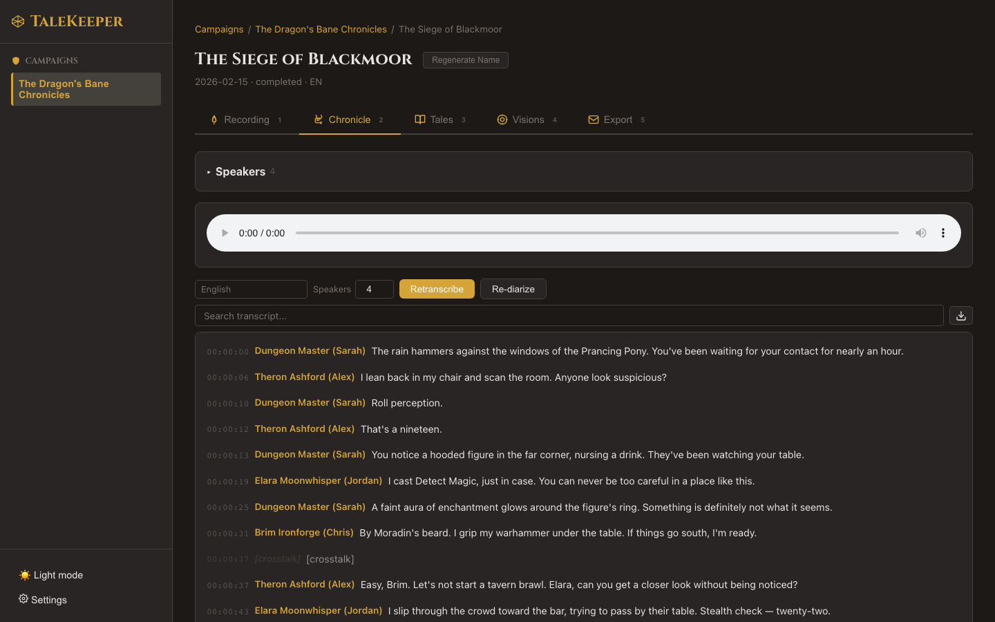 Chronicle tab showing timestamped transcript segments with color-coded speaker names, audio player, and search bar